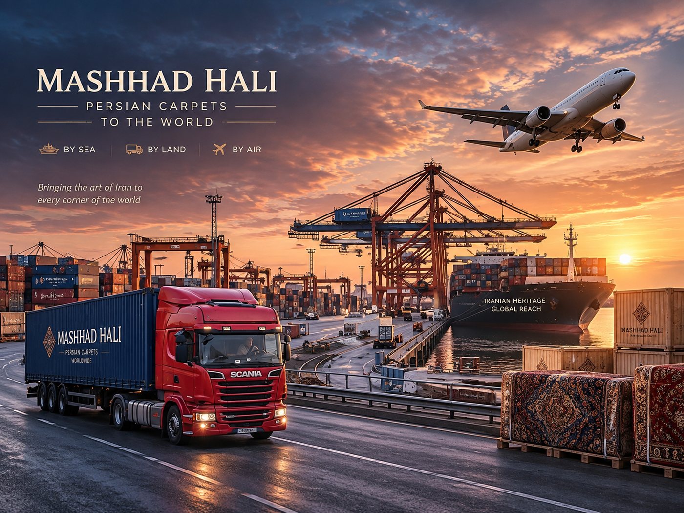 Mashhad Hali carpets shipped worldwide by sea, land and air